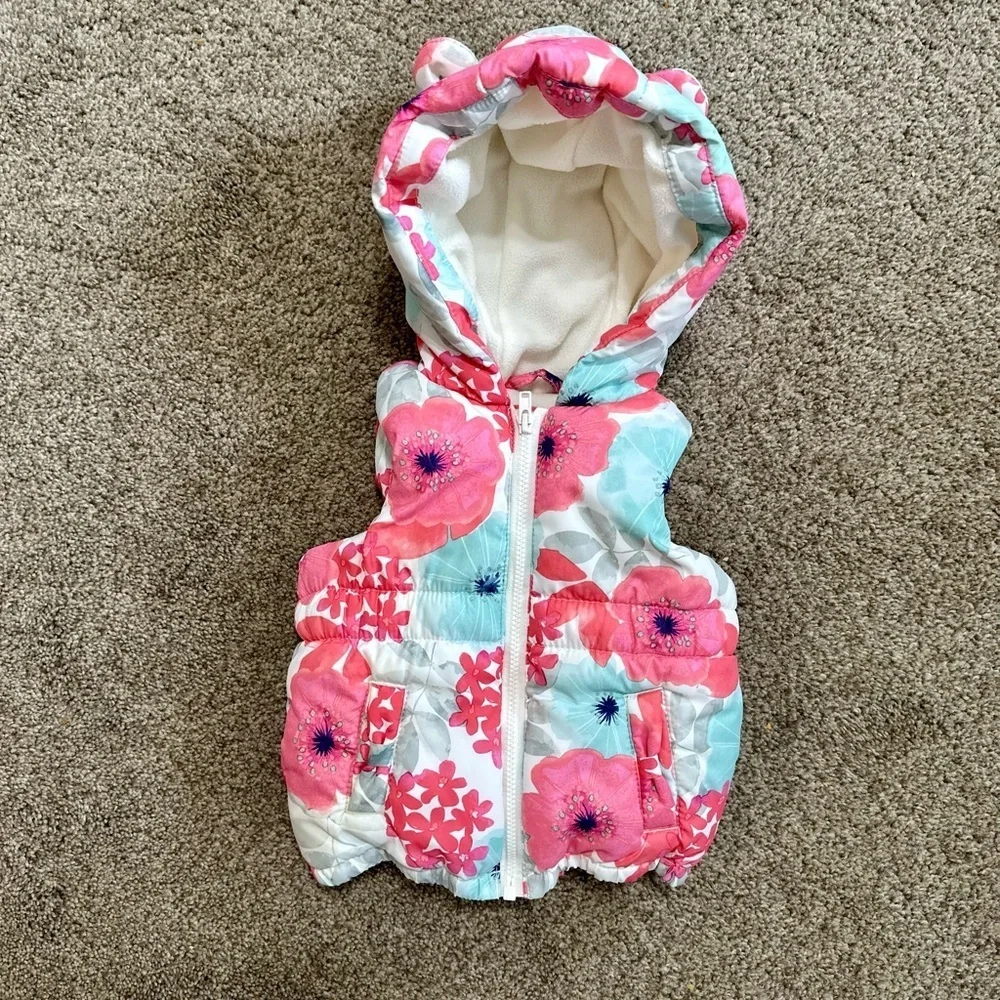 VTG Y2K Gymboree Floral Puffer Vest 6-12 Months Baby Girl Floral Hooded Zips